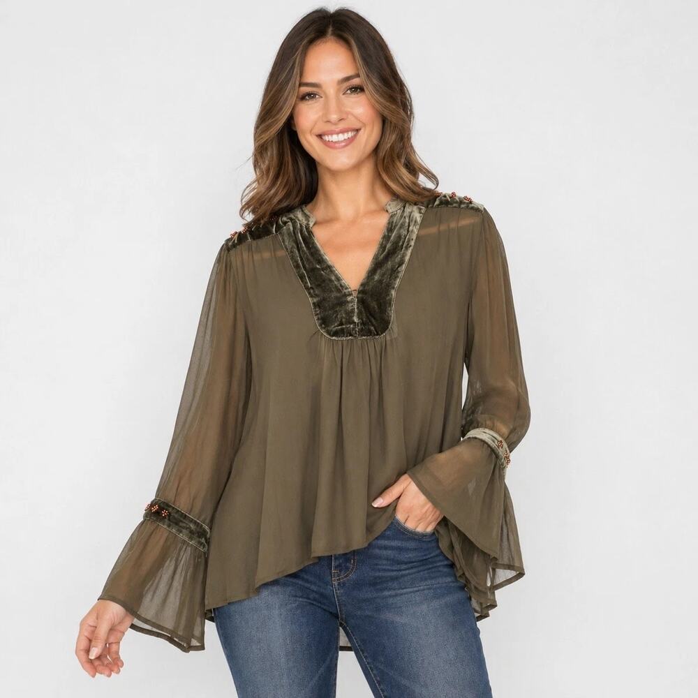 Soft Surroundings Long Sleeve Beaded Velvet Trim Chiffon Blouse Green Womens M